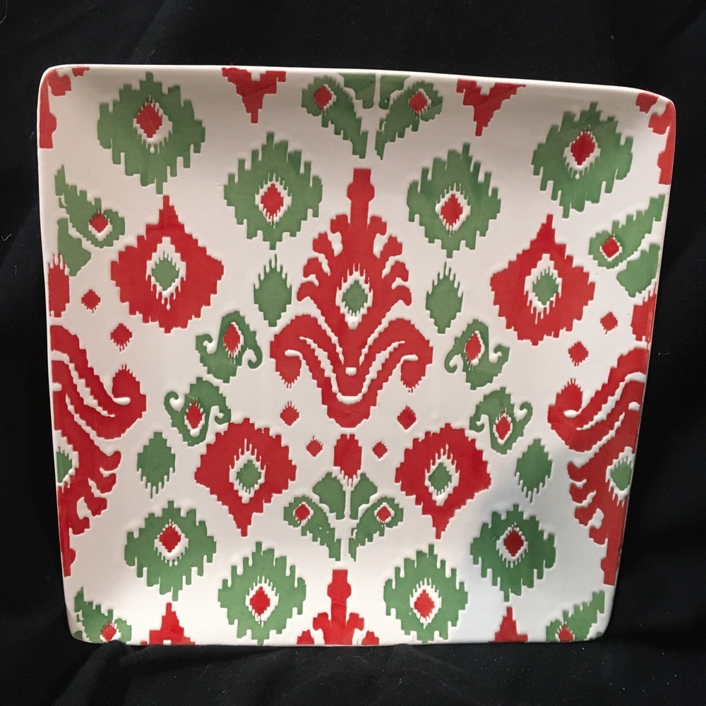 SLEIGH BELL BISTRO Ceramic Square Christmas Dinner Serving Plate Red Green Cream